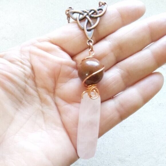 Rose Quartz & Mahogany Obsidian Y Necklace ~  Celtic Knot ~ Ornate Copper Chain - Picture 8 of 9